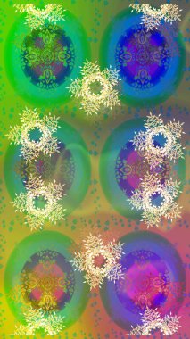 Yeşil, mavi ve sarı renkli kar taneleri. Raster illüstrasyonu. Yılbaşı Biçimi.