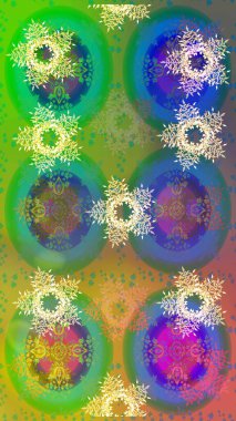 Raster Noel soyut renkli arka plan ve tatlı kar tanesi. Farklı kar taneleri toplayıcısı, yeşil, mavi ve sarı renklerde kış elementleri..