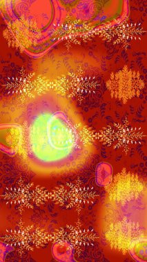 İllüzyon. Kar taneleri, kar yağışı. Renkli bir zemin üzerinde güzel, kırmızı, turuncu ve sarı kar taneleri. Düşen Noel stilize kar taneleri.