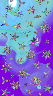 Raster illüstrasyonundaki çiçek desenli çizim. Mor ve mavi renkte çiçekler. Düz Çiçek Elementleri Tasarımı. Renkli Bahar Teması çizim şablonu.