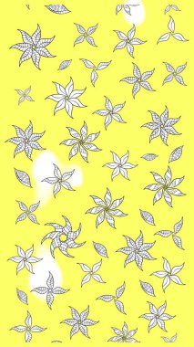 Raster Floral Illustration, Asyalı tekstil. Sarı ve beyaz renkli etnik çiçeklerle zarif bir eskiz..