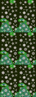 Gri ve yeşil renkte etnik çiçeklerle süslenmiş zarif bir eskiz şekli. Raster Çiçek İllüstrasyon Şirin Tekstil.