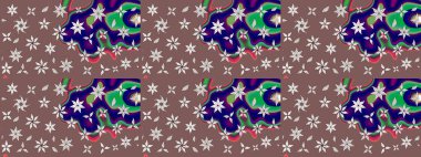 Parlak renkli çiçekleri ve kahverengi ve mavi renkli yaprakları olan harika bir çiçek deseni. Halk tarzı. Moda baskıları için zarif bir şablon. Modern çiçek arkaplanı.