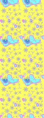 Raster düz çiçek çizim deseni. Hediye ambalaj kağıdı, tebrik kartları, posterler ve pankart tasarımı. Sarı ve mavi renkte çiçekler.