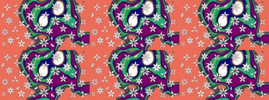 Kabile sanatı boho baskısı, klasik çiçek arkaplanı. Soyut etnik raster çizim kalıbı. Arkaplan dokusu, duvar kağıdı, turuncu ve yeşil renkli çiçek teması.