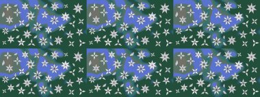 Asya tekstil tarzında. Yeşil ve mavi renkte çiçekler. Raster illüstrasyonu. Raster illüstrasyonu. Çiçek desenini çiz.