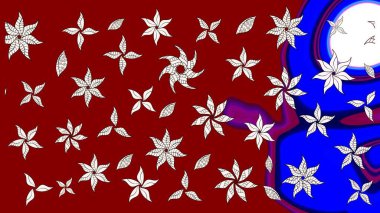 Kırmızı arka planda. Elle çizilmiş çiçek desenli Raster çizimi. Çocuksu tasarım. Tekstil, kumaş, ambalaj, hatıra defteri için güzel çiçek arkaplanı..