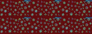 Parlak renkli fantezi çiçekleri, yapraklar, kırmızı renkli tomurcuklar. Suluboya el çizimi elementli çiçek çizimi deseni.