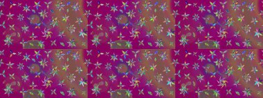 Modern çiçek arkaplanı. Moda baskıları için zarif bir şablon. Parlak renkli çiçekleri ve mor renkli yaprakları olan harika bir çiçek deseni. Halk stili.