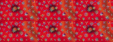 Şirin çiçekli eskiz deseni ve kırmızı renklerde yapraklar, suluboya çiçek deseni, duvar kağıdı, kart veya kumaş için fayanslı. Raster illüstrasyonu.