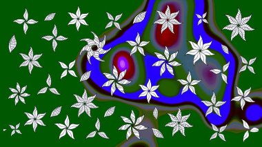 Düz Çiçek Elementleri Tasarımı. Raster illüstrasyonu. Asya tekstil tarzında. Yeşil renkli çiçekler. Renkli Bahar Teması eskiz kalıbı. Çiçek desenini çiz.