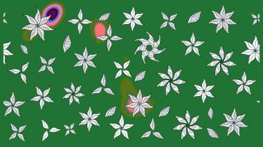 El çizimi çiçek unsurları olan soyut çizim raster deseni. 1950-1960 motifleri. Çiçekli ipek eşarp. Yeşil yeşile. Retro tekstil tasarım koleksiyonu.