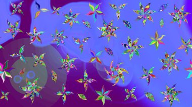 Raster illüstrasyonu. Şirin çiçekli eskiz deseni ve mor renkli yapraklar, suluboya çiçek deseni, duvar kağıdı, kart veya kumaş için fayanslı.