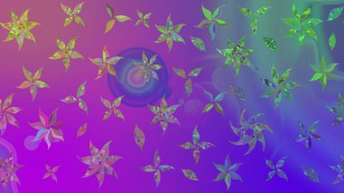 Raster illüstrasyonu. Şirin çiçekli eskiz deseni ve mor renkli yapraklar, suluboya çiçek deseni, duvar kağıdı, kart veya kumaş için fayanslı.