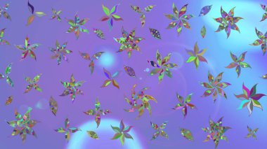 Çok renkli, zarif küçük çiçekler ve mor renkli komik böcekler, raster deseni, illüstrasyon..