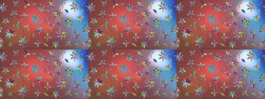 Miles Fleur, süslü püslü bir süs. Eski usul. Tomurcukları papatya çiçekleri olan sevimli bir çiçek deseni. Eskiz geçmişi. Raster illüstrasyonu. Kumaş, tekstil ve duvar kağıdı baskısı için..