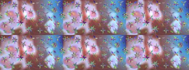 Suluboya elle çizilmiş çiçek desenli eskiz deseni. Parlak renkli fantezi çiçekleri, yapraklar, tarafsız renklerde tomurcuklar.