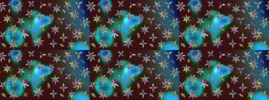 Kahverengi renkli Asya tekstili. Suluboya çiçekli çiçek deseni. Raster illüstrasyonu.