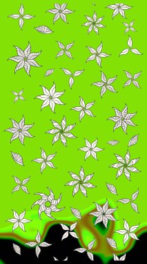 Şirin karalamalı çiçek desenli çizim. Raster illüstrasyonu. El yapımı çiçek ve bitki koleksiyonu. Raster illüstrasyonu. Çizim biçimi yeşil renklerde.