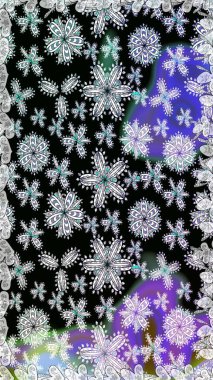 Raster illüstrasyonu. Patlayan çiçekler soyut olarak yerleştirilmiş. Yumuşak, bahar çiçekleri siyah ve nötr renklerde. Raster deseni.