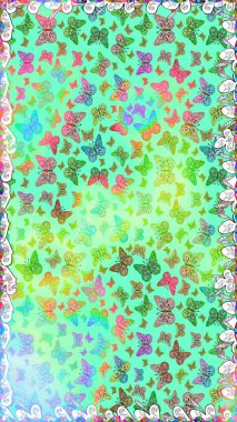 Raster illüstrasyonu. Çizim, karalama, karalama. Mavi ve yeşilde güzel, pürüzsüz bir kelebek örtüsü. Giysi kumaşı için böcek dokusu parçası tekrarlanıyor. Bahar Kelebeği teması. Sonsuz.