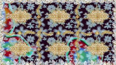 Altın şablon. Klasik çiçek dokusu. Tarafsız renklerde Royal retro. Kusursuz desenli altın elementler. Raster illüstrasyonu. Kart, duvar kağıdı, ambalaj, tekstil için klasik tasarım.