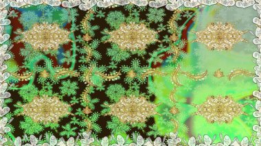 Kusursuz desenli oryantal süs. Altın elementlerle yeşil renklerde altın desen. İslam tasarımı. Çiçek kiremitleri. Raster altın tekstil baskısı.