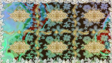 İslam tasarımı. Çiçek kiremitleri. Kusursuz desenli oryantal süs. Raster altın tekstil baskısı. Altın elementlerle kahverengi renklerde altın desen.