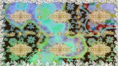 Kusursuz altın desenli bukleler. Doğu tarzı arabesk. Raster altın desen. Altın elementli nötr renkler. Raster illüstrasyonu.