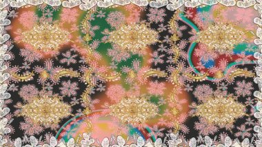 Bej renkli ve altın elementli klasik, dikişsiz desen. Raster illüstrasyonu.