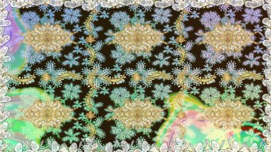 Altın elementlerle nötr renklerde altın desen. Raster altın tekstil baskısı. Çiçek kiremitleri. İslam tasarımı. Kusursuz desenli oryantal süs.