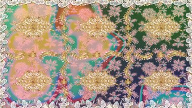 El yapımı dekoratif çerçeve, albüm kapağı, tebrik kartı, klasik Art deco tarzı. Raster soyut çiçek çelengi altın karalama fantezi yaprakları ve tarafsız renklerde çiçek.