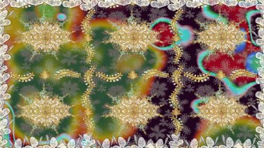 Kına dövmeli süs çiçekleri, altın çıkartmalar, mehndi ve yoga tasarımı, kartlar ve parmak izleri. Yeşil renkte desen. Raster altın mehndi kusursuz desen.