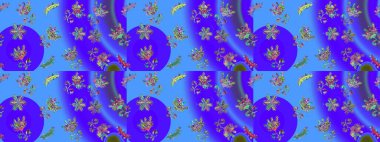 Kar tanelerinin soyut arkaplanlı Noel şablonu. Raster illüstrasyonu. Mor, mavi ve yeşil renkler. Noel ve Yeni Yıl moda baskıları için tatil tasarımı.