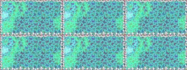 Nakış, egzotik kelebeklerle süslenmiş çiçeksiz desenler. Giysi tasarımı için mavi yeşil arka planda geleneksel Raster halk çiçekleri dekoru. Kart, yazdırma, davet için basit şirin desen.