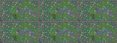 Fantezi çizimi. Kelebeklerle güzel bir moda modeli. Yeşil ve mavi renkli bir resim. Raster illüstrasyonu. Moda sevimli kumaş tasarımı.