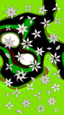 Raster Çiçek İllüstrasyonu güzel tekstil. Yeşil renkli etnik çiçeklerle zarif eskiz deseni.