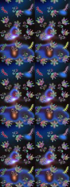 Renkli Yaz Temalı Kusursuz Arkaplan. Düz Çiçek Elementleri Tasarımı. Mavi, gri ve mor renkli çiçekler. Raster illüstrasyonunda kusursuz çiçek deseni.