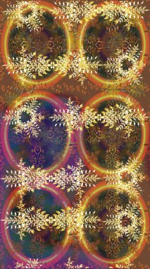 Raster Yumuşak kumaş deseni. Çiçeksel kahverengi, sarı ve turuncu çizim kalıpları. Raster çiçek izi. Klasik taslak çizimi.