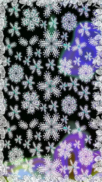 Raster illüstrasyonu. Patlayan çiçekler soyut olarak yerleştirilmiş. Yumuşak, bahar çiçekleri siyah ve nötr renklerde. Raster deseni.