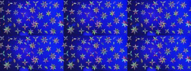 Moda baskıları için zarif bir şablon. Modern çiçek arkaplanı. Parlak renkli çiçekleri ve mavi yaprakları olan harika bir çiçek deseni. Halk stili.