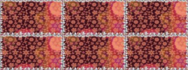 Moda baskıları için zarif bir şablon. Parlak renkli çiçekleri ve kahverengi ve pembe renkte yaprakları olan muhteşem, pürüzsüz çiçek deseni. Modern çiçek arkaplanı. Halk stili.