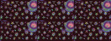 Küçük renkli çiçekler. Moda baskıları için zarif bir şablon. Kahverengi çiçekli bahar çiçekleri. Motley illüstrasyonu. Küçük çiçekte şirin desenler.