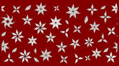 Kırmızı ve nötr renklerde yapraklar ve parlak renkli çiçeklerle muhteşem bir çiçek deseni. Moda baskıları için zarif bir şablon. Modern çiçek arkaplanı. Halk stili.