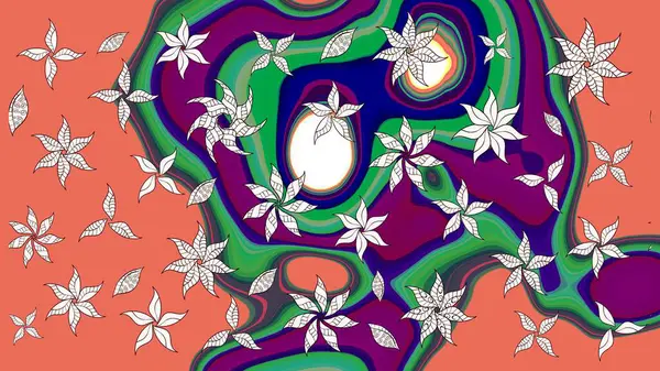 Turuncu ve yeşil renkli çiçekler. Çizim çiçek deseni duvar kâğıdı olarak kullanılabilir. Raster illüstrasyonu.