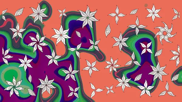 Şirin çiçekli eskiz deseni ve turuncu ve nötr renklerde yapraklar, suluboya çiçek deseni, duvar kağıdı, kart ya da kumaş için fayanslı. Raster illüstrasyonu.