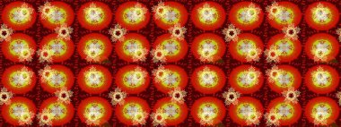 Kış kar taneleri, raster arka plan. Yüzey için tekrarlanan doku, ambalaj kağıdı, kırmızı, turuncu ve kahverengi renkli kar tanesi.