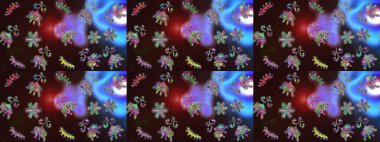 Raster illüstrasyonu. Güzel kumaş deseni. El çizimi. Çiçekler, dallar, otlar ve çiçekler.