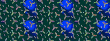 Raster illüstrasyon kar taneleri. Güzel dekorasyon. Mavi, yeşil ve mor renkli suluboya kar taneleri. Kışın sembolü.