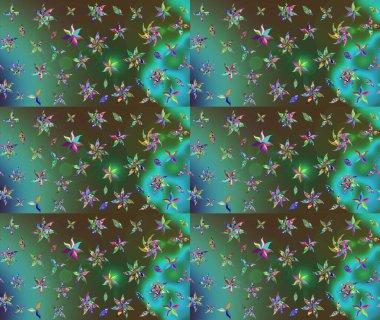 Çok yeşil zarif küçük çiçekler ve yeşil renkli komik böcekler, raster desen, illüstrasyon.